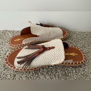 Joli Jolimall Roman Burlap Tassled Flat Slides, Brown/Tan - Size 8